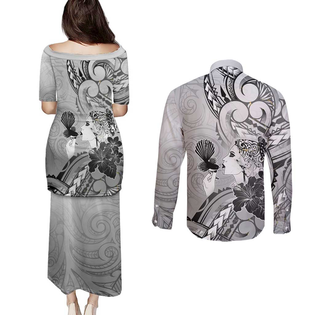 Aotearoa Maori Wahine Couples Matching Puletasi and Long Sleeve Button Shirt Fantail Bird Black Gold Marble LT05 - Polynesian Pride