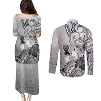 Aotearoa Maori Wahine Couples Matching Puletasi and Long Sleeve Button Shirt Fantail Bird Black Gold Marble LT05 - Polynesian Pride