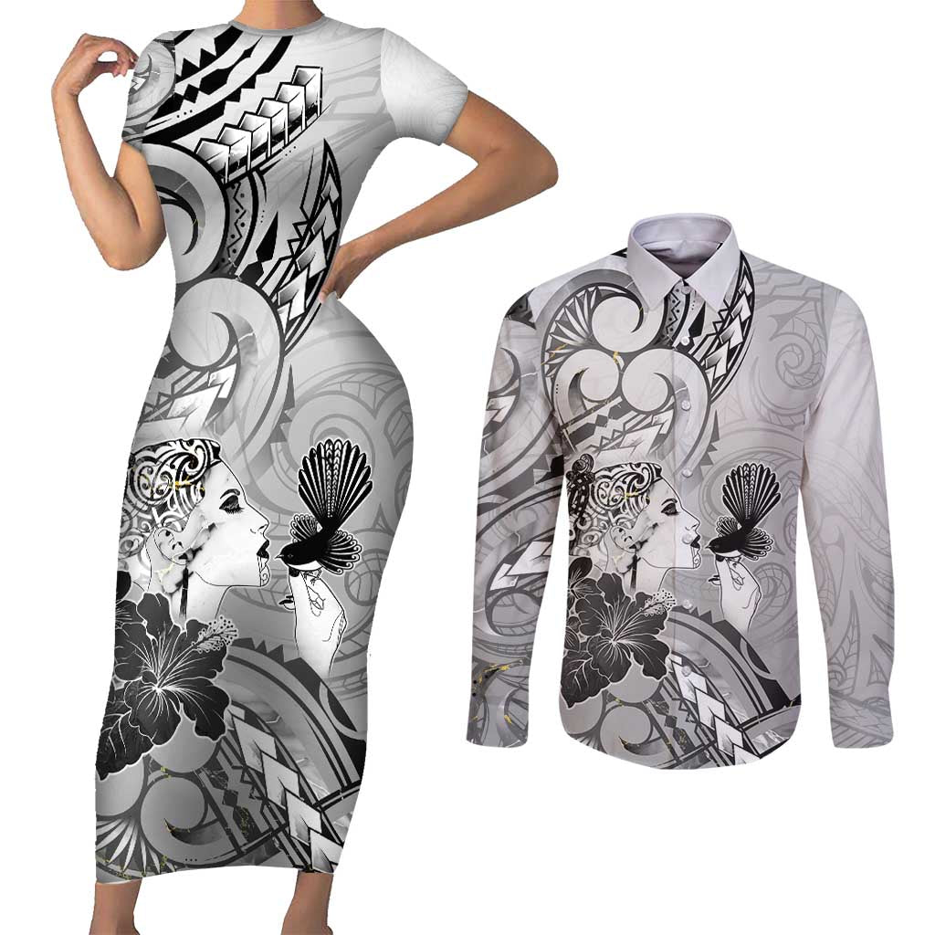 Aotearoa Maori Wahine Couples Matching Short Sleeve Bodycon Dress and Long Sleeve Button Shirt Fantail Bird Black Gold Marble LT05 Black - Polynesian Pride