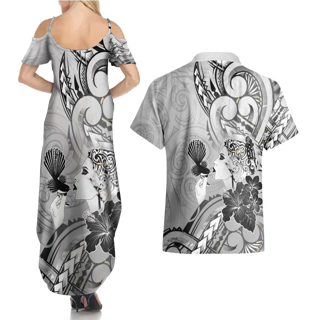 Aotearoa Maori Wahine Couples Matching Summer Maxi Dress and Hawaiian Shirt Fantail Bird Black Gold Marble LT05 - Polynesian Pride