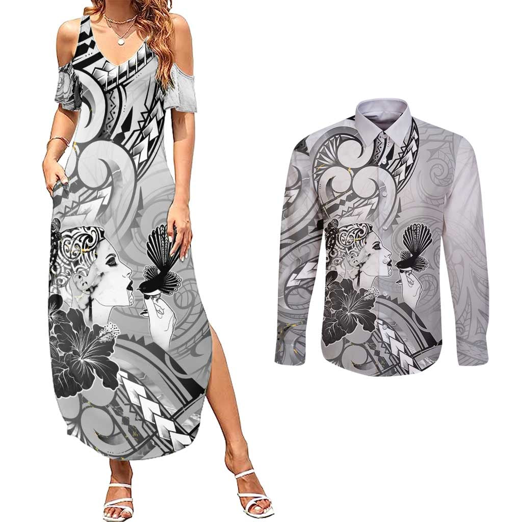 Aotearoa Maori Wahine Couples Matching Summer Maxi Dress and Long Sleeve Button Shirt Fantail Bird Black Gold Marble LT05 Black - Polynesian Pride
