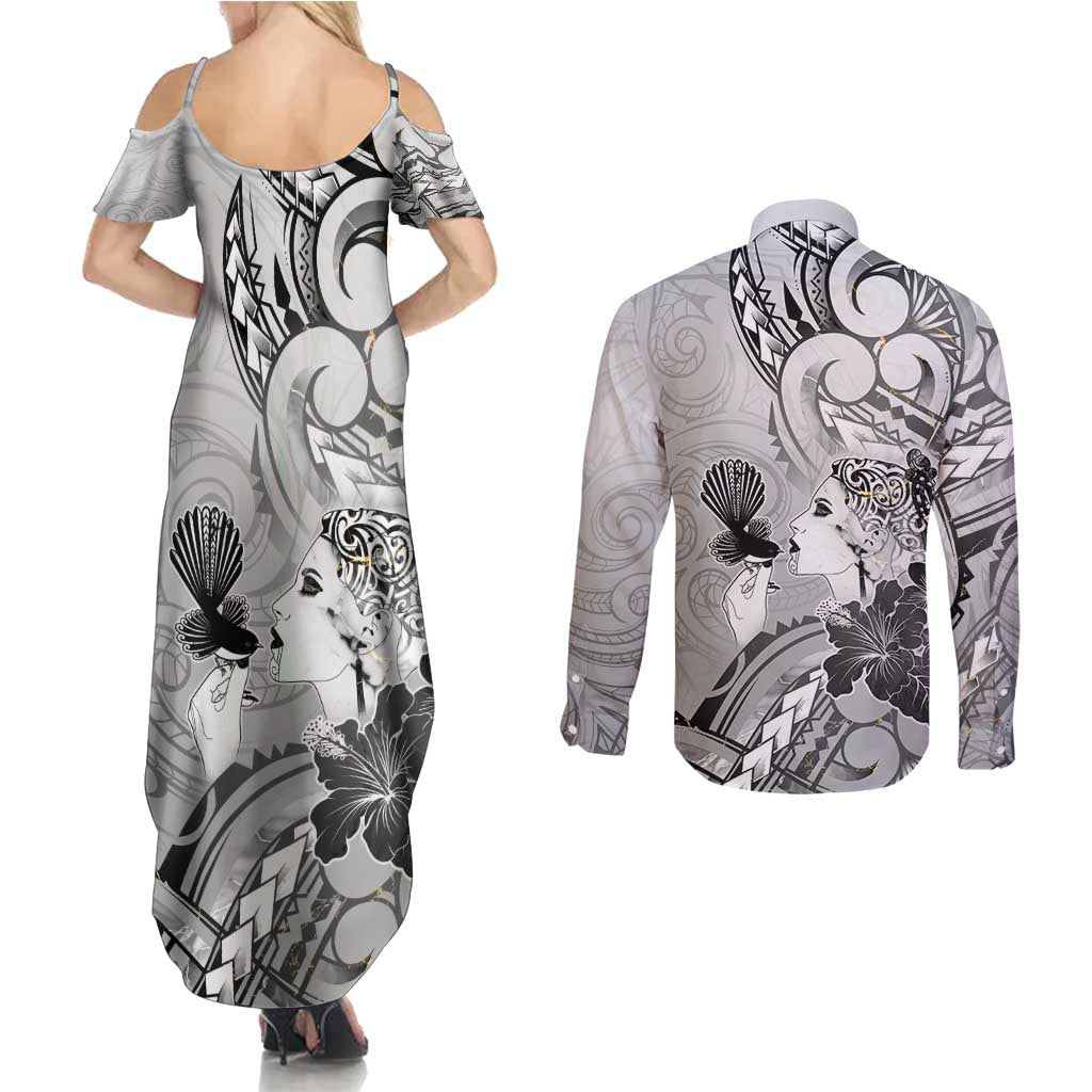 Aotearoa Maori Wahine Couples Matching Summer Maxi Dress and Long Sleeve Button Shirt Fantail Bird Black Gold Marble LT05 - Polynesian Pride