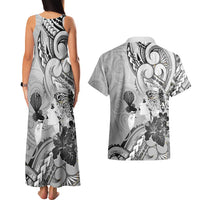 Aotearoa Maori Wahine Couples Matching Tank Maxi Dress and Hawaiian Shirt Fantail Bird Black Gold Marble LT05 - Polynesian Pride