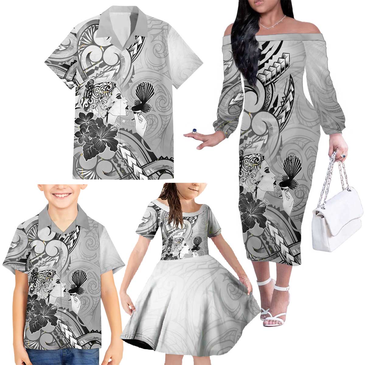 Aotearoa Maori Wahine Family Matching Off The Shoulder Long Sleeve Dress and Hawaiian Shirt Fantail Bird Black Gold Marble LT05 - Polynesian Pride