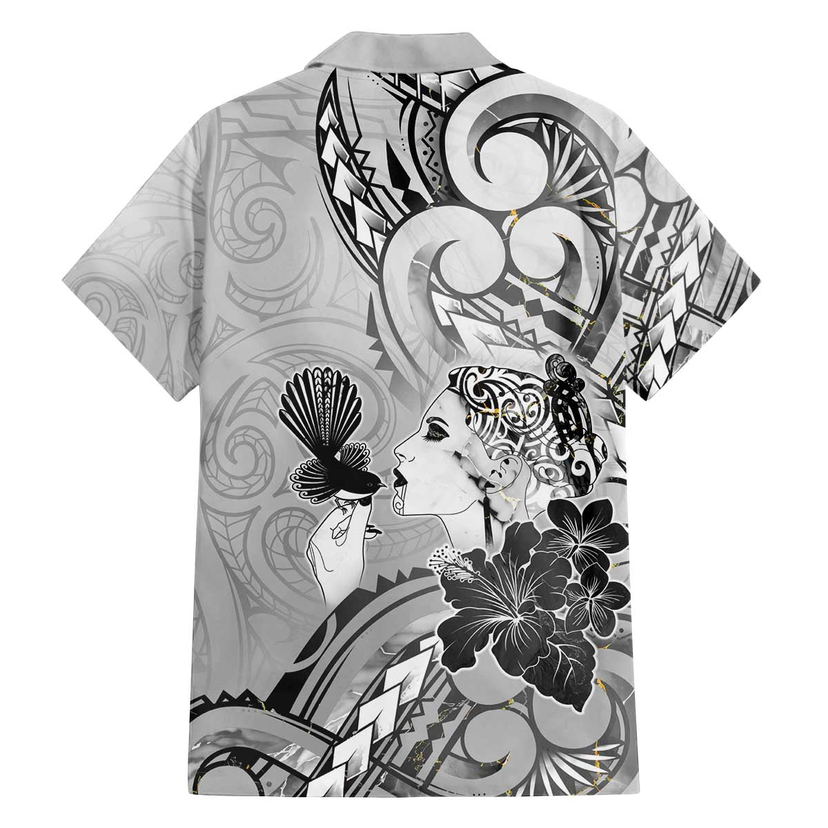 Aotearoa Maori Wahine Family Matching Off The Shoulder Long Sleeve Dress and Hawaiian Shirt Fantail Bird Black Gold Marble LT05 - Polynesian Pride