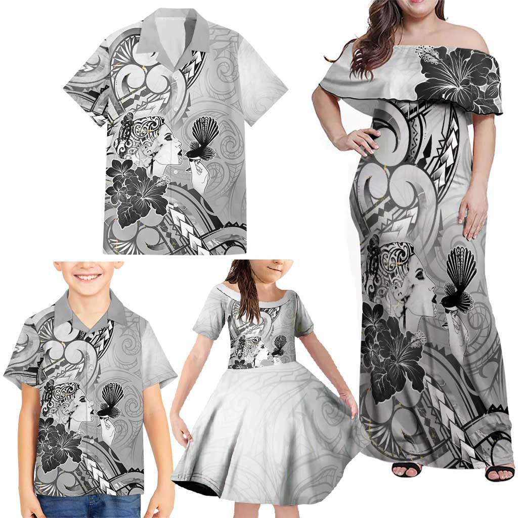 Aotearoa Maori Wahine Family Matching Off Shoulder Maxi Dress and Hawaiian Shirt Fantail Bird Black Gold Marble LT05 - Polynesian Pride