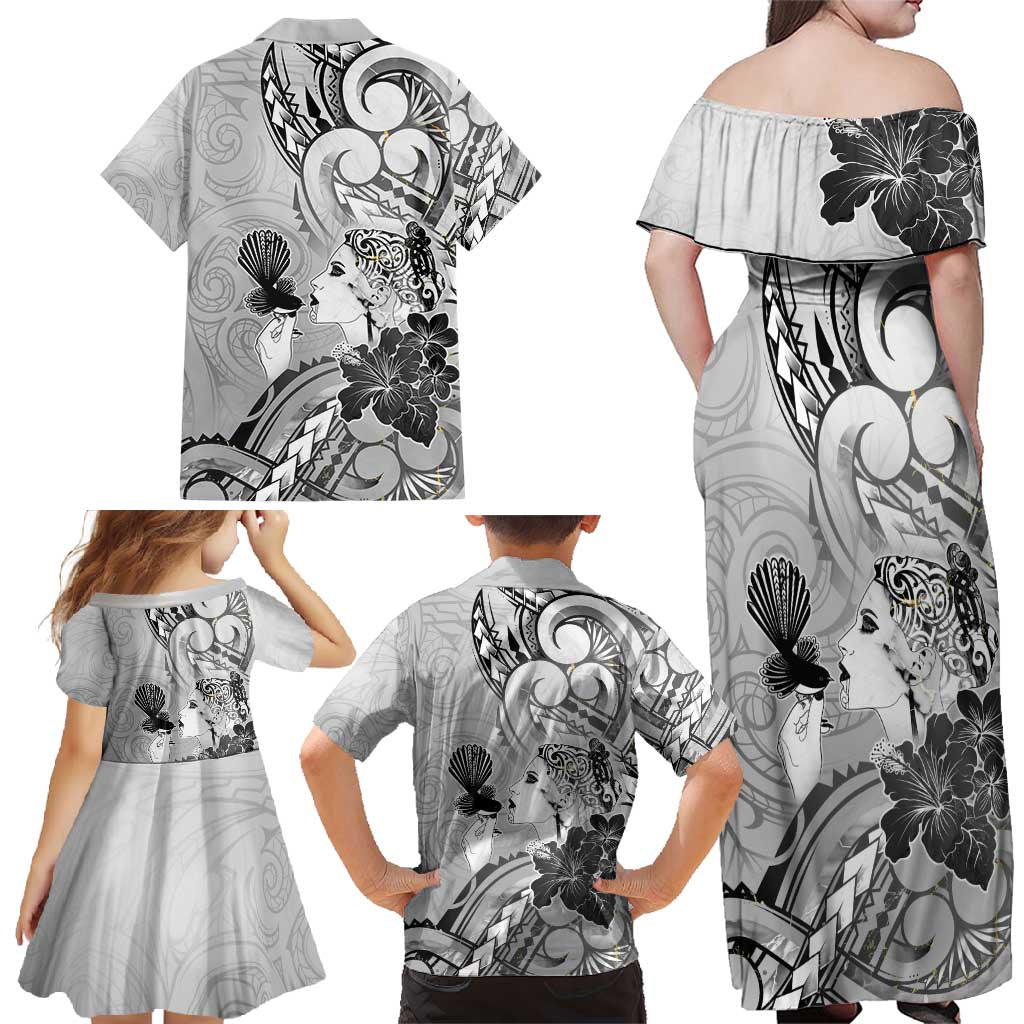 Aotearoa Maori Wahine Family Matching Off Shoulder Maxi Dress and Hawaiian Shirt Fantail Bird Black Gold Marble LT05 - Polynesian Pride