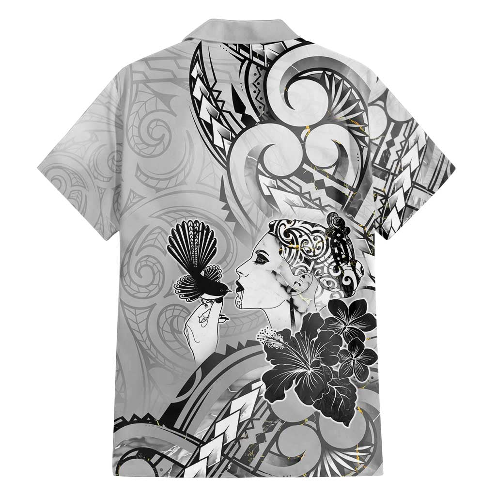 Aotearoa Maori Wahine Family Matching Off Shoulder Maxi Dress and Hawaiian Shirt Fantail Bird Black Gold Marble LT05 - Polynesian Pride