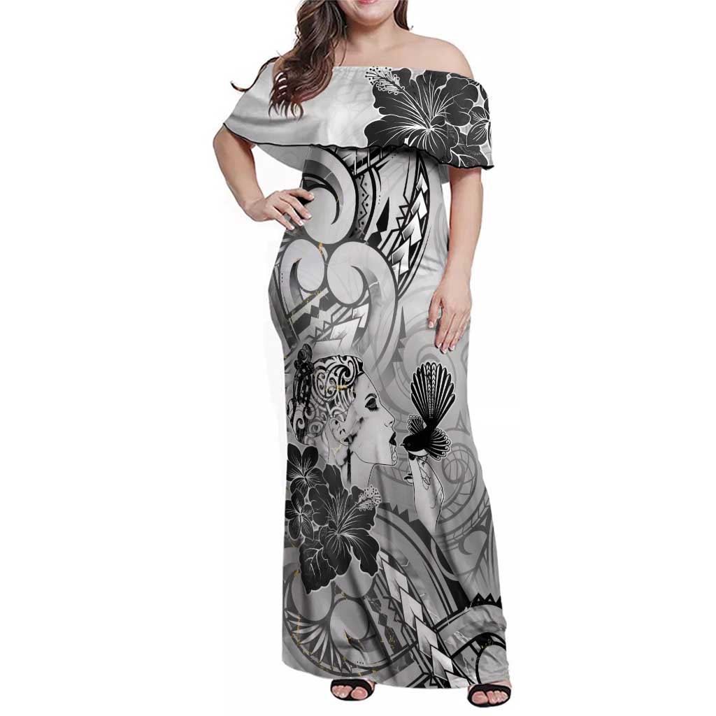 Aotearoa Maori Wahine Family Matching Off Shoulder Maxi Dress and Hawaiian Shirt Fantail Bird Black Gold Marble LT05 Mom's Dress Black - Polynesian Pride
