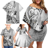 Aotearoa Maori Wahine Family Matching Off Shoulder Short Dress and Hawaiian Shirt Fantail Bird Black Gold Marble LT05 - Polynesian Pride