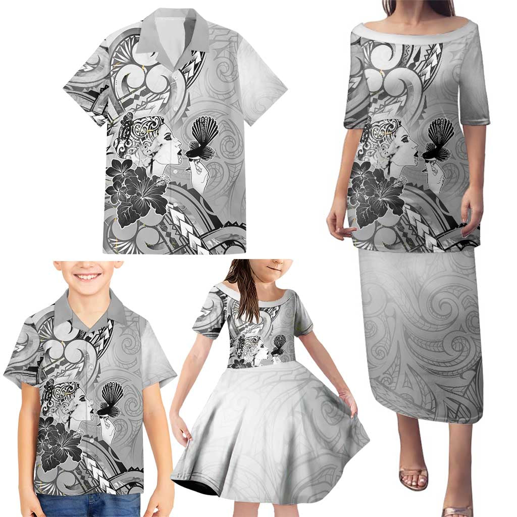 Aotearoa Maori Wahine Family Matching Puletasi and Hawaiian Shirt Fantail Bird Black Gold Marble LT05 - Polynesian Pride