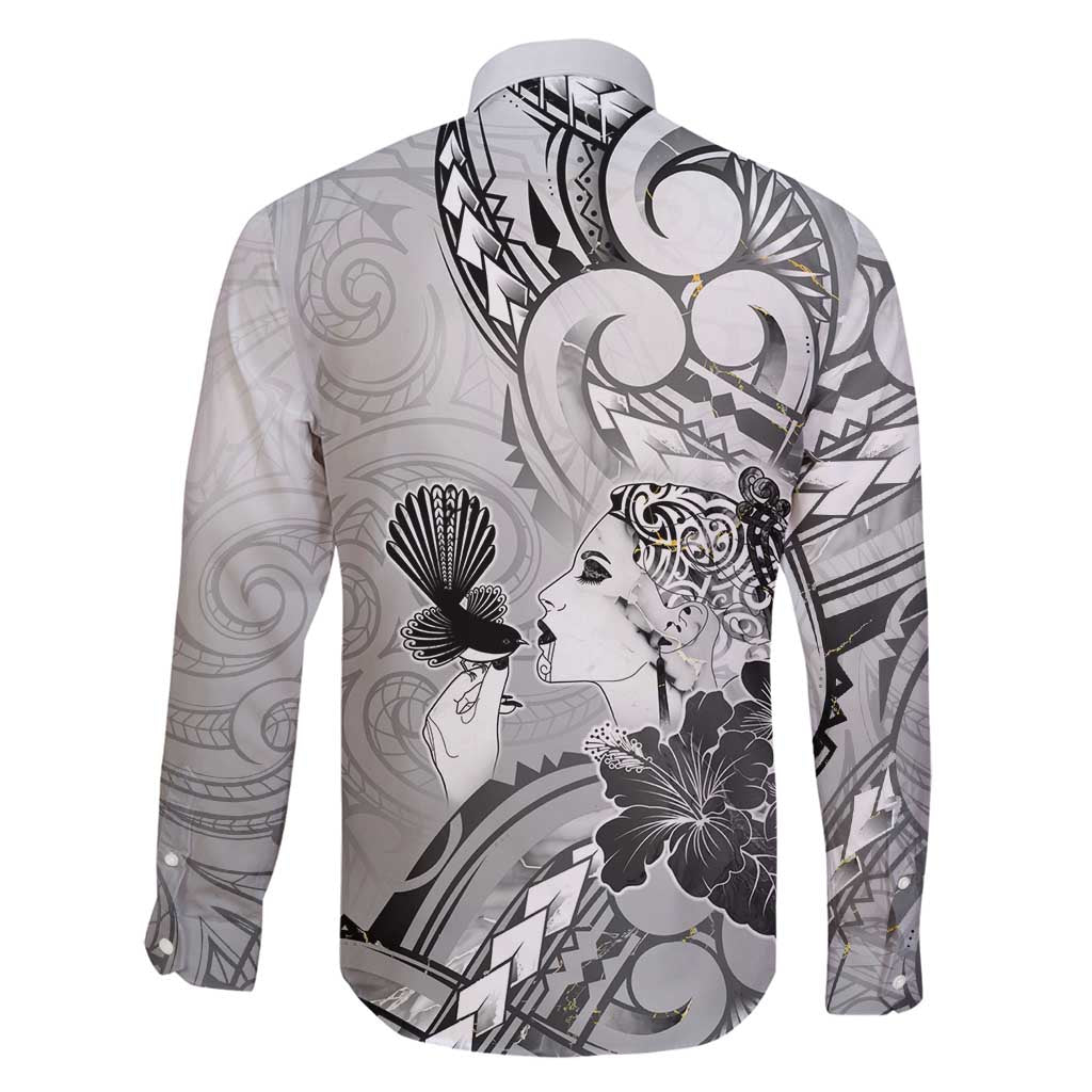 Aotearoa Maori Wahine Family Matching Puletasi and Hawaiian Shirt Fantail Bird Black Gold Marble LT05 - Polynesian Pride