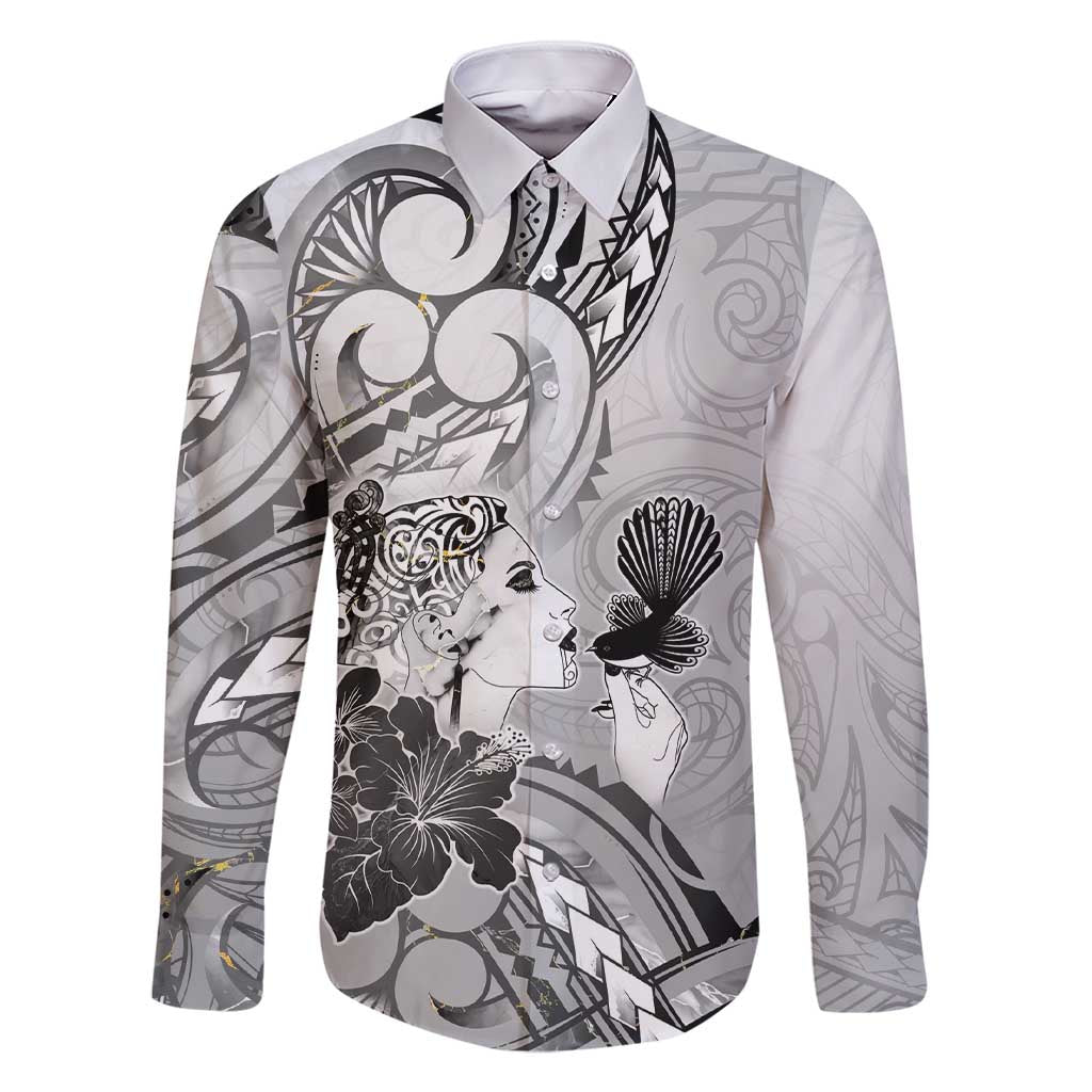 Aotearoa Maori Wahine Family Matching Short Sleeve Bodycon Dress and Hawaiian Shirt Fantail Bird Black Gold Marble LT05 Dad's Shirt - Long Sleeve Black - Polynesian Pride