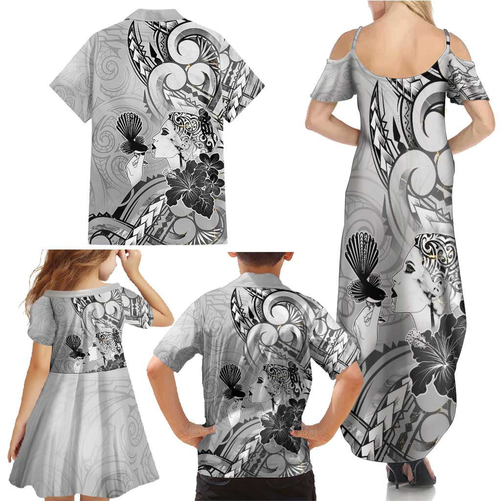 Aotearoa Maori Wahine Family Matching Summer Maxi Dress and Hawaiian Shirt Fantail Bird Black Gold Marble LT05 - Polynesian Pride