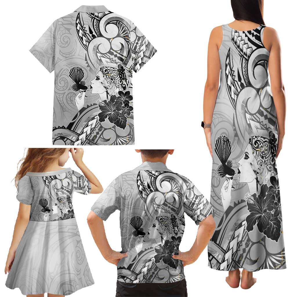 Aotearoa Maori Wahine Family Matching Tank Maxi Dress and Hawaiian Shirt Fantail Bird Black Gold Marble LT05 - Polynesian Pride
