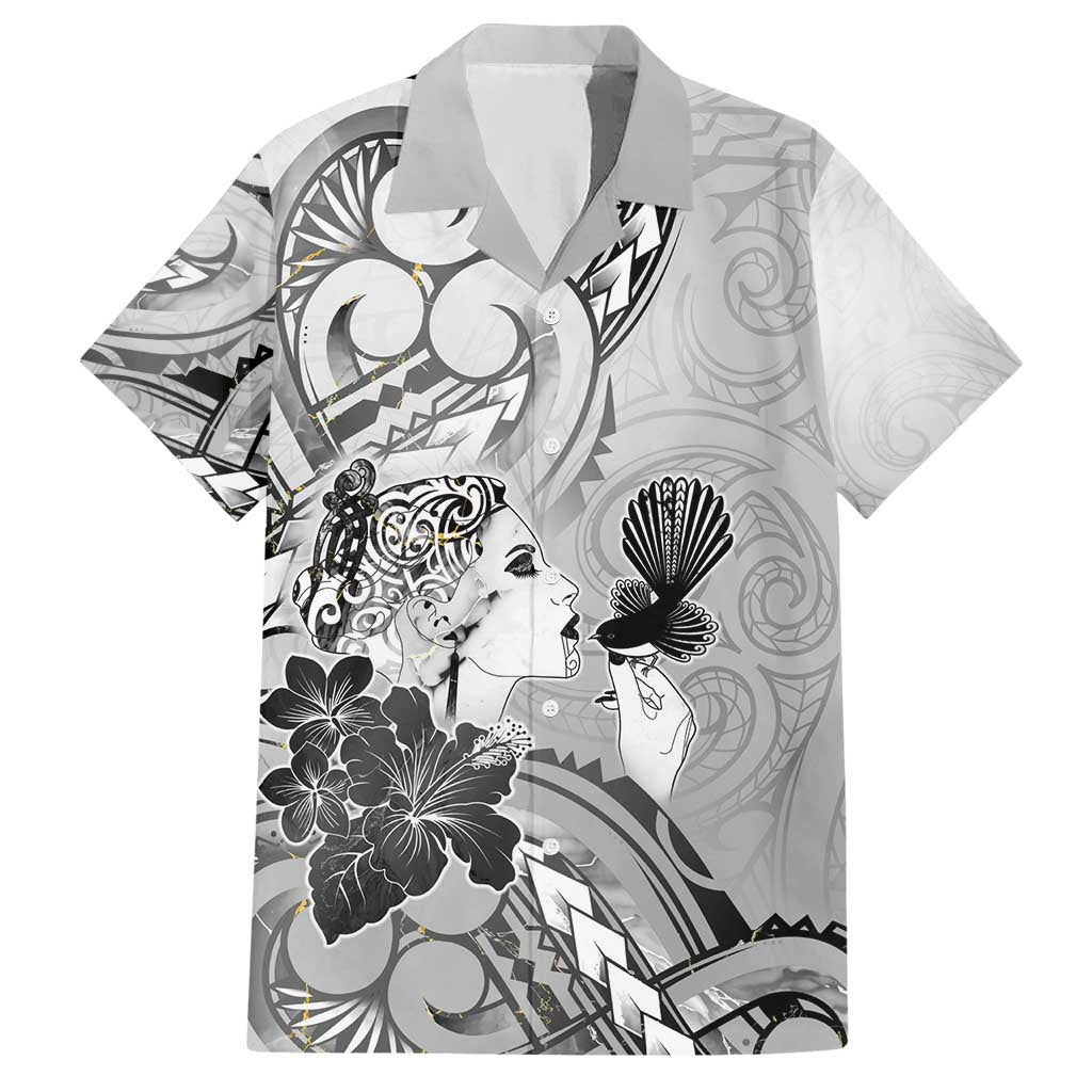 Aotearoa Maori Wahine Hawaiian Shirt Fantail Bird Black Gold Marble LT05 Black - Polynesian Pride