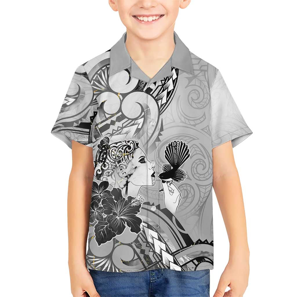 Aotearoa Maori Wahine Kid Hawaiian Shirt Fantail Bird Black Gold Marble LT05 Kid Black - Polynesian Pride