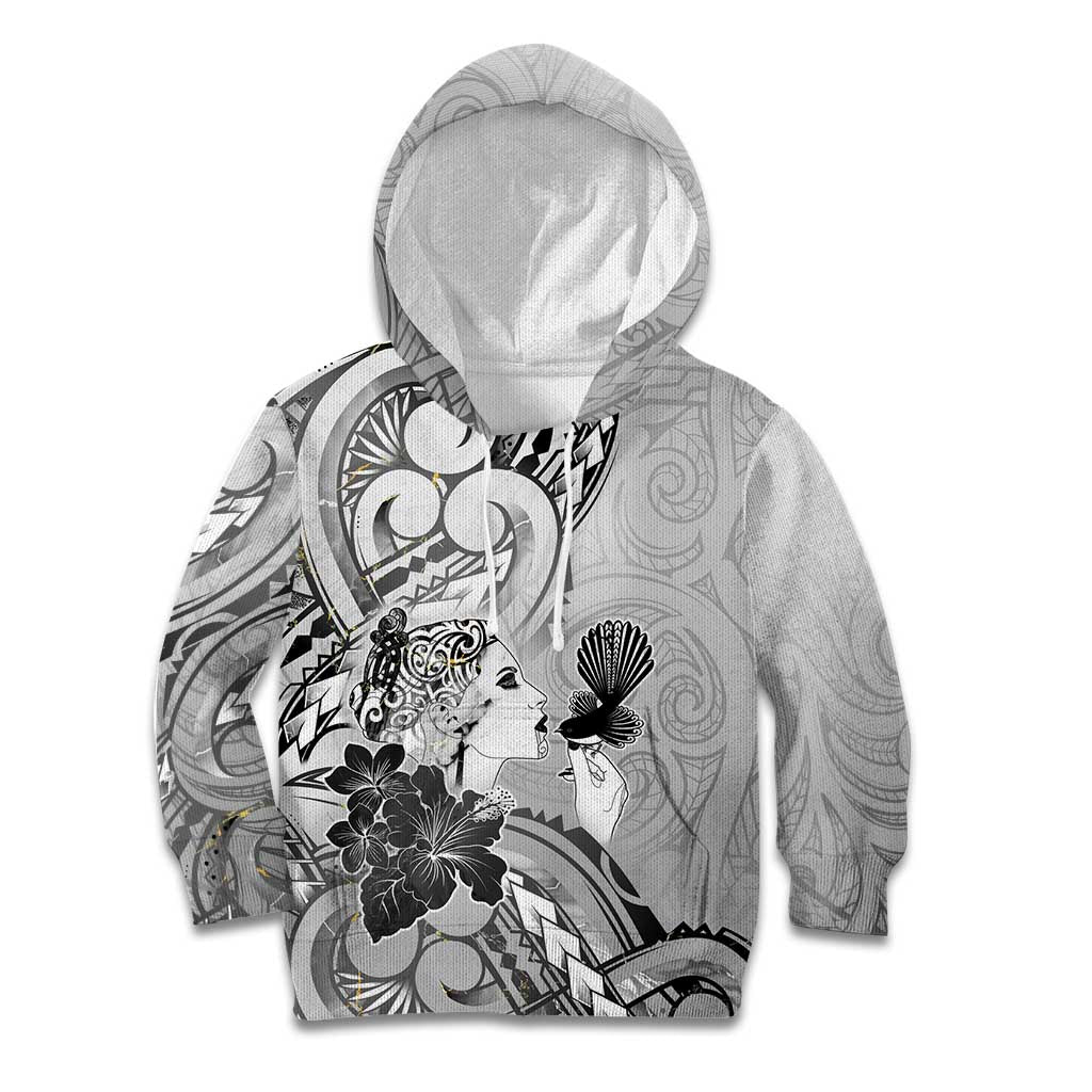 Aotearoa Maori Wahine Kid Hoodie Fantail Bird Black Gold Marble LT05 Hoodie Black - Polynesian Pride