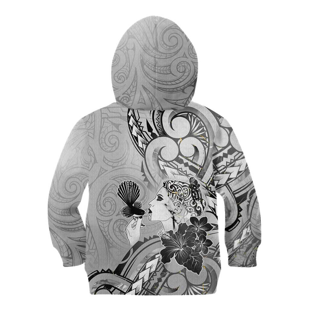 Aotearoa Maori Wahine Kid Hoodie Fantail Bird Black Gold Marble LT05 - Polynesian Pride