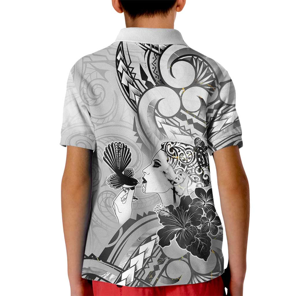 Aotearoa Maori Wahine Kid Polo Shirt Fantail Bird Black Gold Marble LT05 - Polynesian Pride