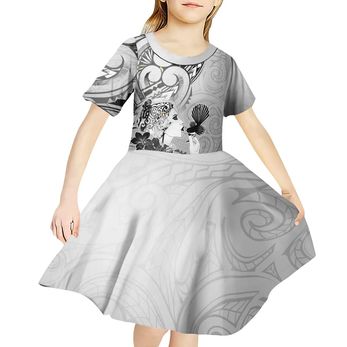 Aotearoa Maori Wahine Kid Short Sleeve Dress Fantail Bird Black Gold Marble LT05 - Polynesian Pride
