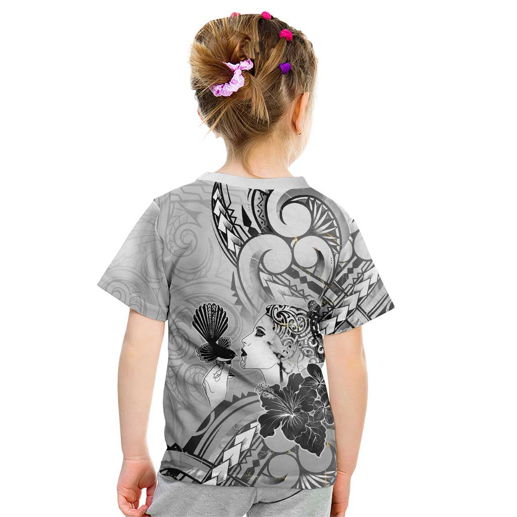 Aotearoa Maori Wahine Kid T Shirt Fantail Bird Black Gold Marble LT05 - Polynesian Pride