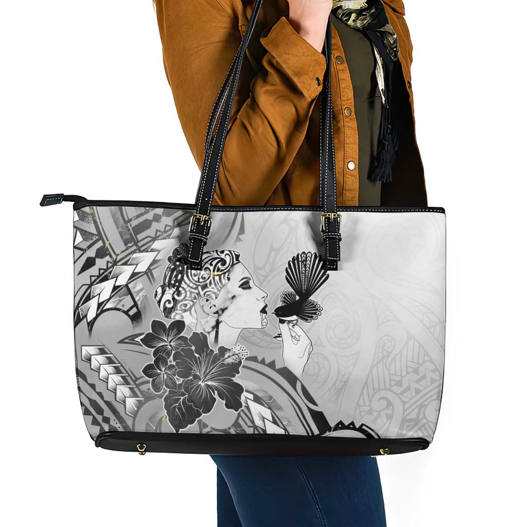 Aotearoa Maori Wahine Leather Tote Bag Fantail Bird Black Gold Marble