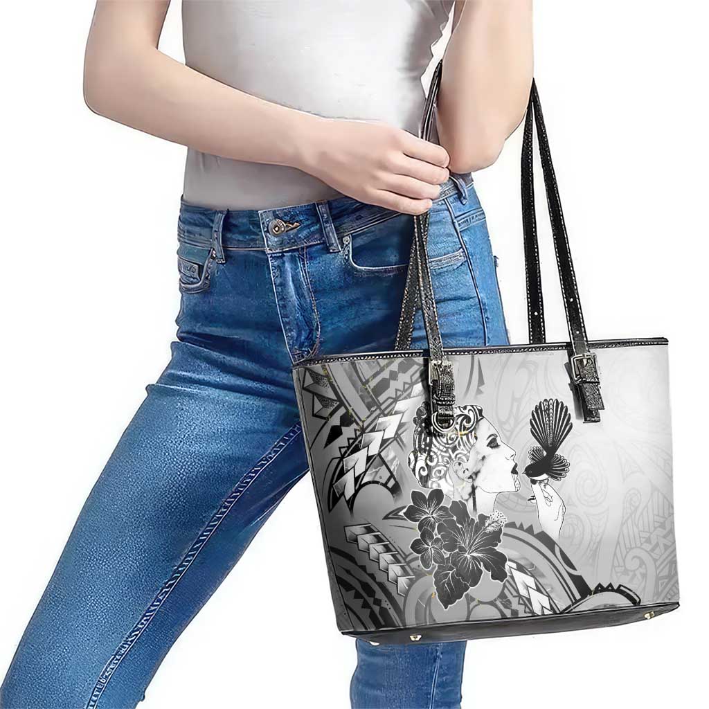 Aotearoa Maori Wahine Leather Tote Bag Fantail Bird Black Gold Marble