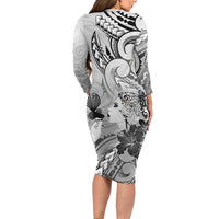 Aotearoa Maori Wahine Long Sleeve Bodycon Dress Fantail Bird Black Gold Marble LT05 - Polynesian Pride