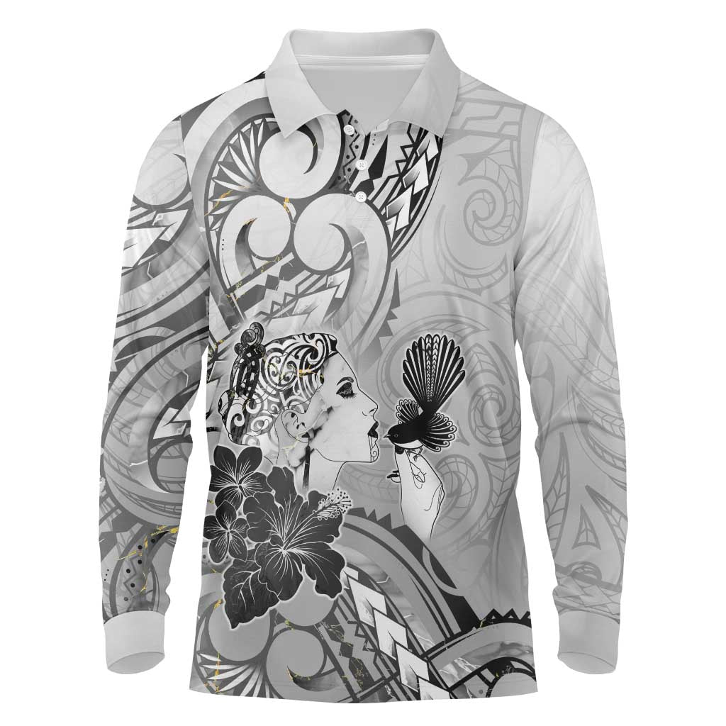 Aotearoa Maori Wahine Long Sleeve Polo Shirt Fantail Bird Black Gold Marble LT05 Black - Polynesian Pride