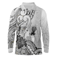 Aotearoa Maori Wahine Long Sleeve Polo Shirt Fantail Bird Black Gold Marble LT05 Black - Polynesian Pride