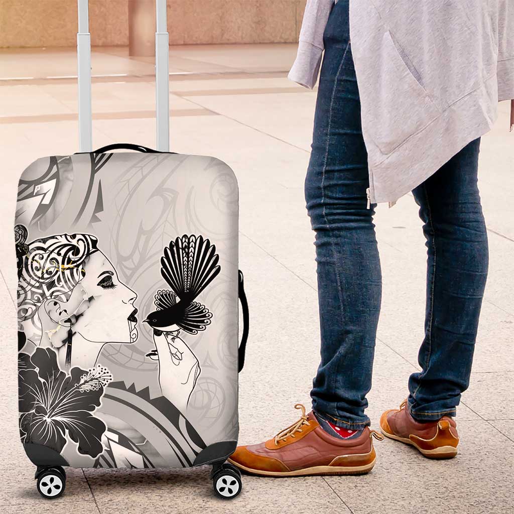 Aotearoa Maori Wahine Luggage Cover Fantail Bird Black Gold Marble LT05 Black - Polynesian Pride