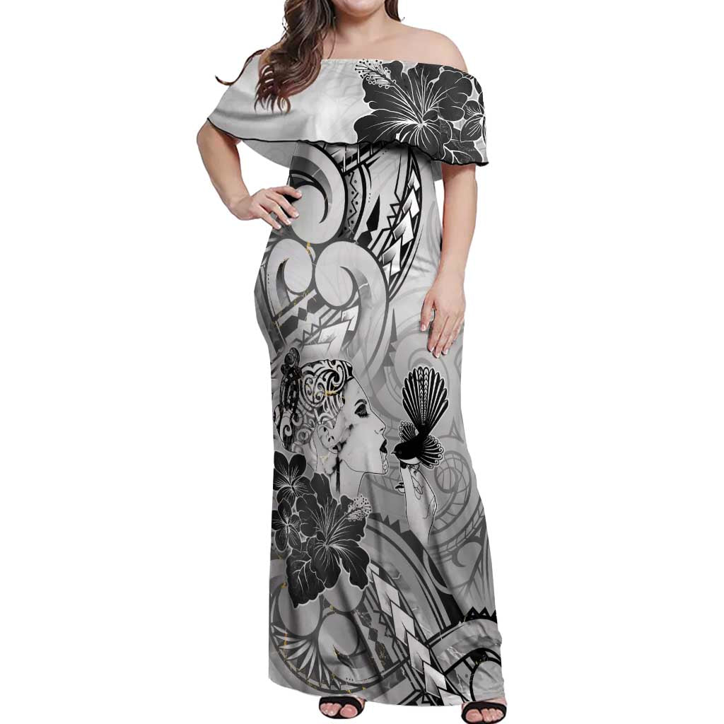 Aotearoa Maori Wahine Off Shoulder Maxi Dress Fantail Bird Black Gold Marble LT05 Women Black - Polynesian Pride