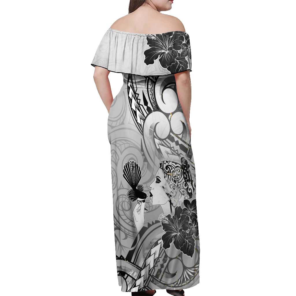 Aotearoa Maori Wahine Off Shoulder Maxi Dress Fantail Bird Black Gold Marble LT05 - Polynesian Pride
