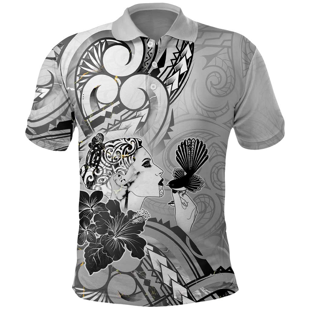 Aotearoa Maori Wahine Polo Shirt Fantail Bird Black Gold Marble LT05 Black - Polynesian Pride