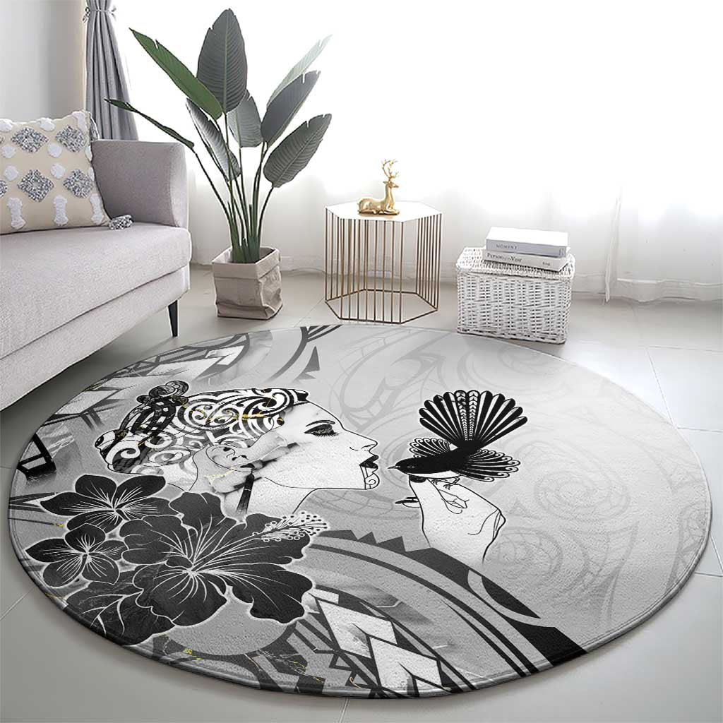 Aotearoa Maori Wahine Round Carpet Fantail Bird Black Gold Marble LT05 - Polynesian Pride