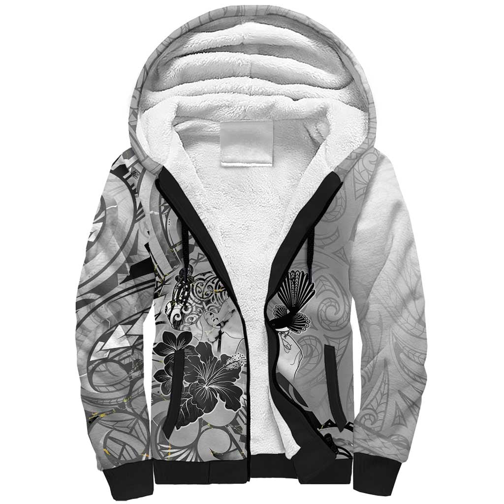 Aotearoa Maori Wahine Sherpa Hoodie Fantail Bird Black Gold Marble LT05 Unisex Black - Polynesian Pride