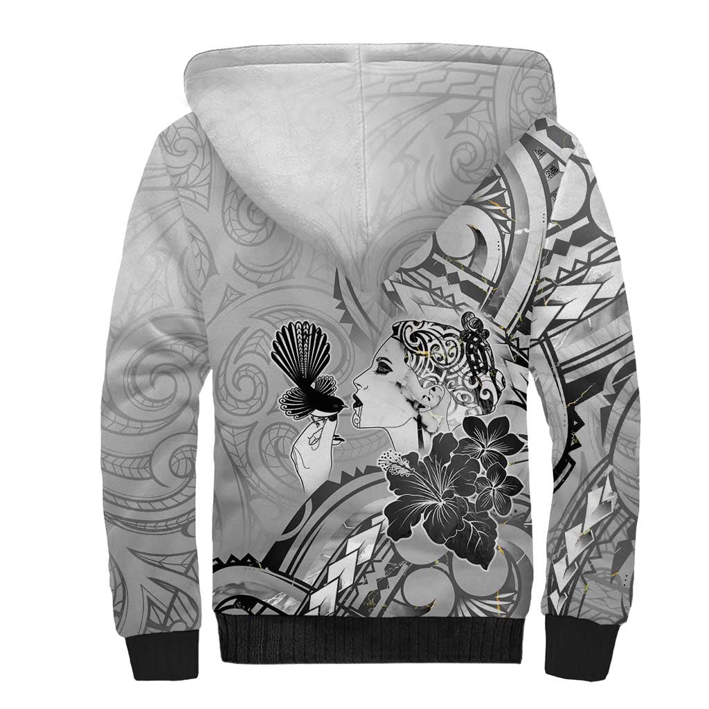 Aotearoa Maori Wahine Sherpa Hoodie Fantail Bird Black Gold Marble LT05 - Polynesian Pride