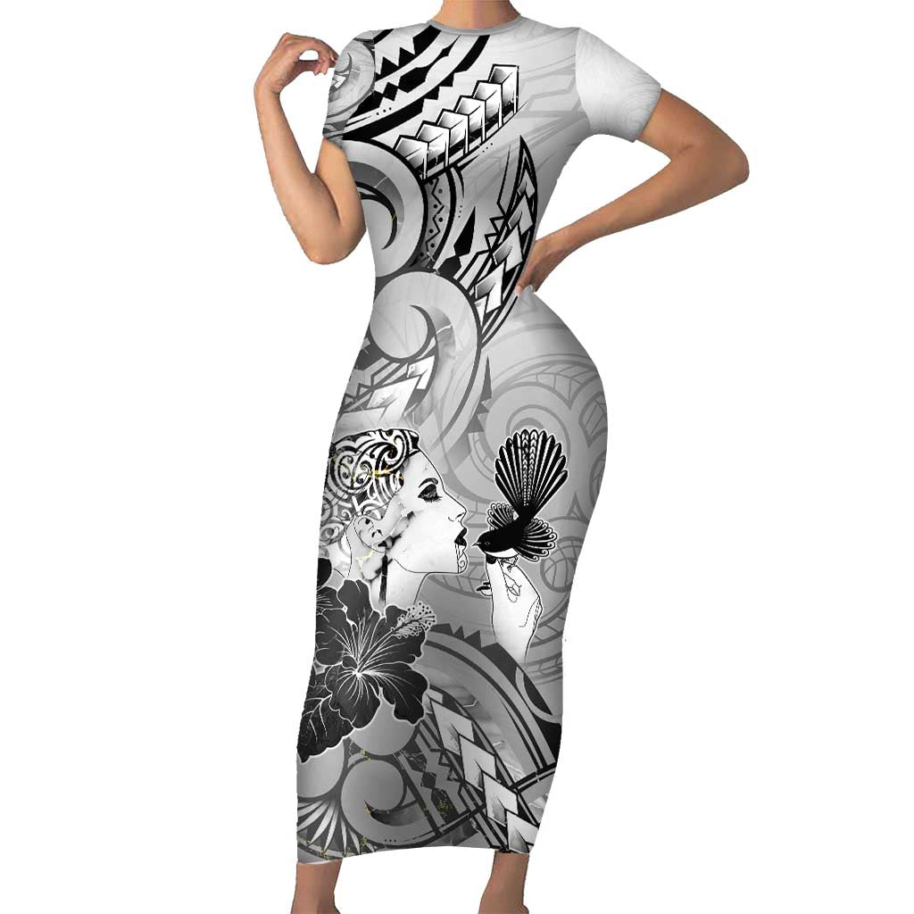 Aotearoa Maori Wahine Short Sleeve Bodycon Dress Fantail Bird Black Gold Marble LT05 Long Dress Black - Polynesian Pride