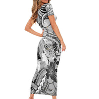 Aotearoa Maori Wahine Short Sleeve Bodycon Dress Fantail Bird Black Gold Marble LT05 - Polynesian Pride