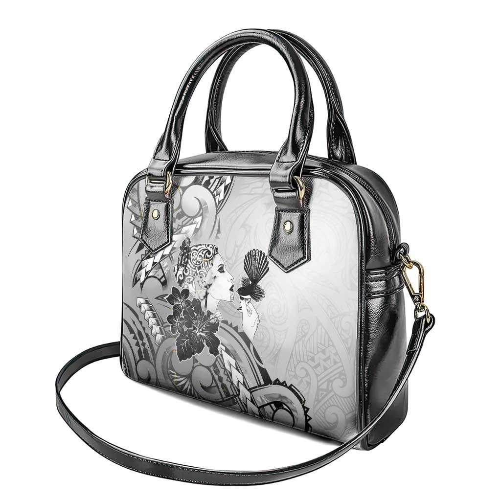 Aotearoa Maori Wahine Shoulder Handbag Fantail Bird Black Gold Marble