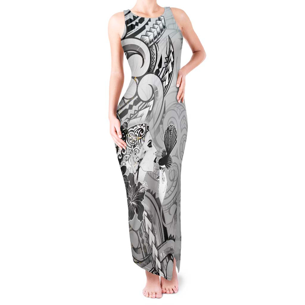 Aotearoa Maori Wahine Tank Maxi Dress Fantail Bird Black Gold Marble LT05 Women Black - Polynesian Pride