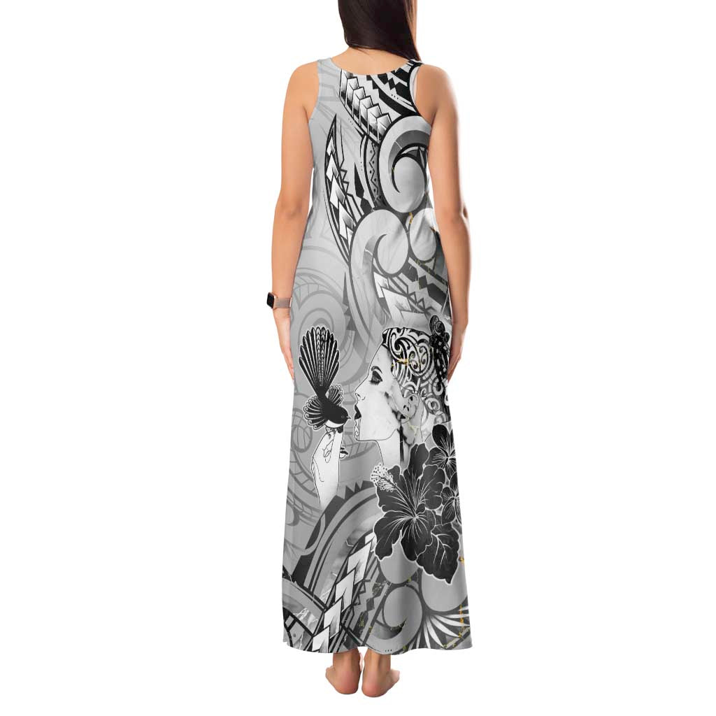 Aotearoa Maori Wahine Tank Maxi Dress Fantail Bird Black Gold Marble LT05 - Polynesian Pride