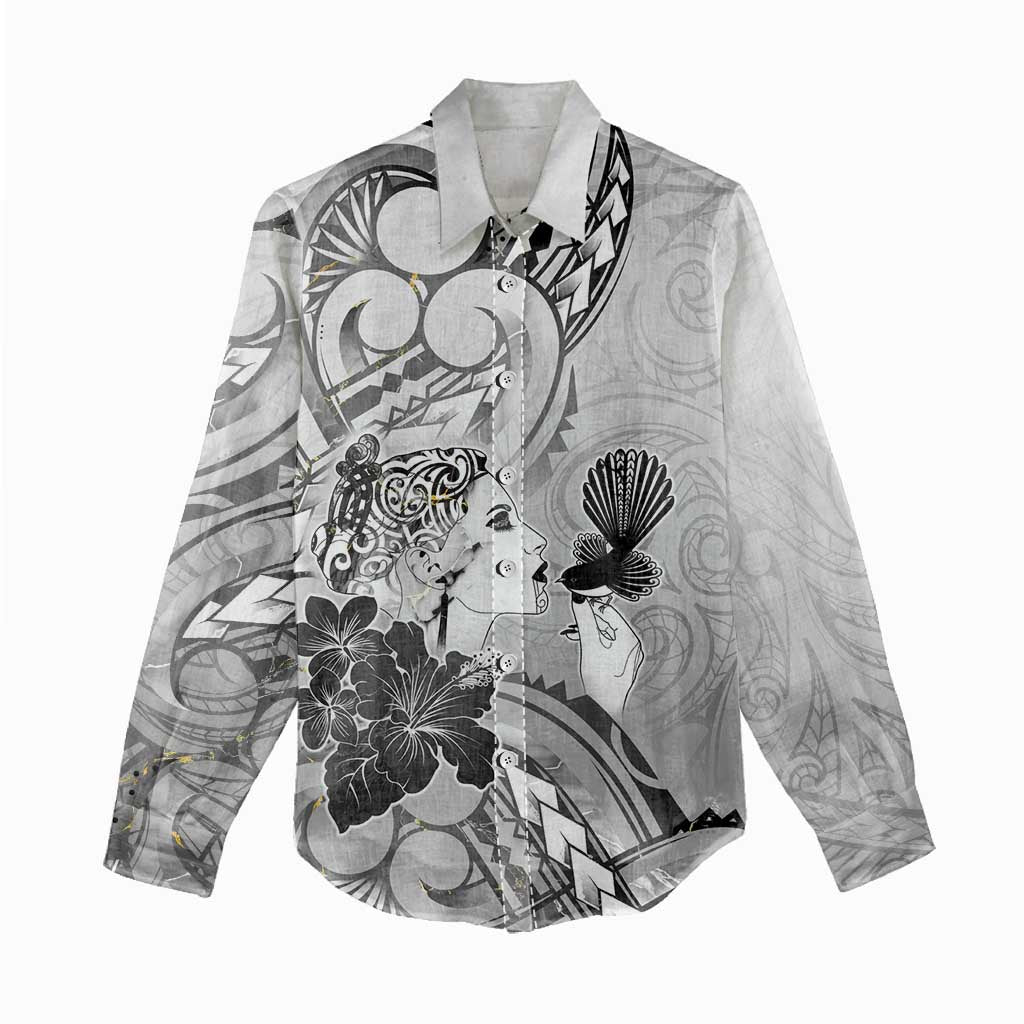 Aotearoa Maori Wahine Women Casual Shirt Fantail Bird Black Gold Marble LT05 - Polynesian Pride