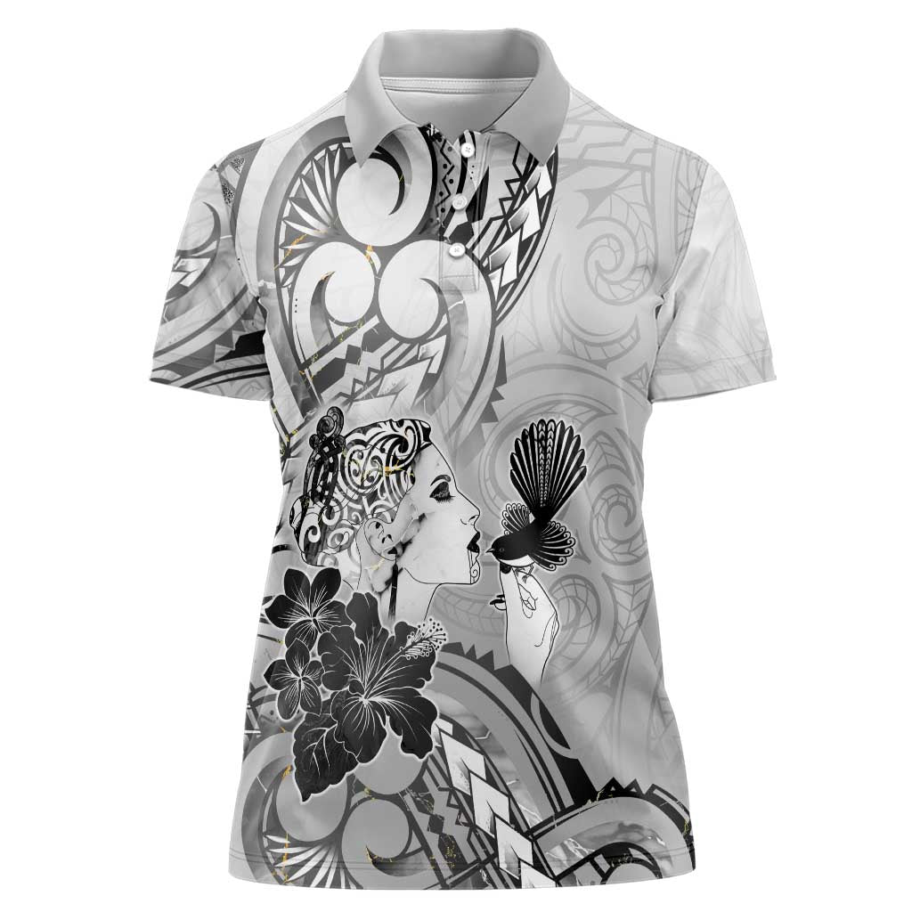 Aotearoa Maori Wahine Women Polo Shirt Fantail Bird Black Gold Marble LT05 Female Black - Polynesian Pride