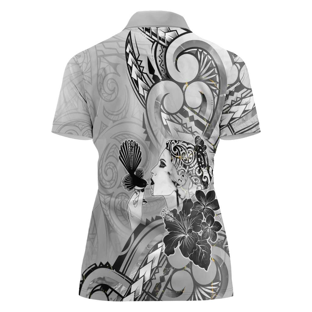 Aotearoa Maori Wahine Women Polo Shirt Fantail Bird Black Gold Marble LT05 - Polynesian Pride