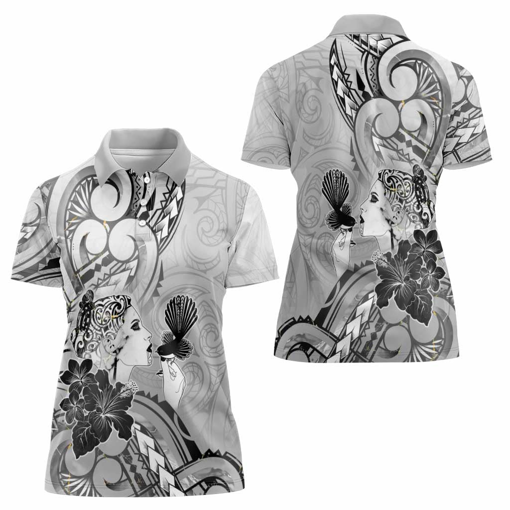Aotearoa Maori Wahine Women Polo Shirt Fantail Bird Black Gold Marble LT05 - Polynesian Pride