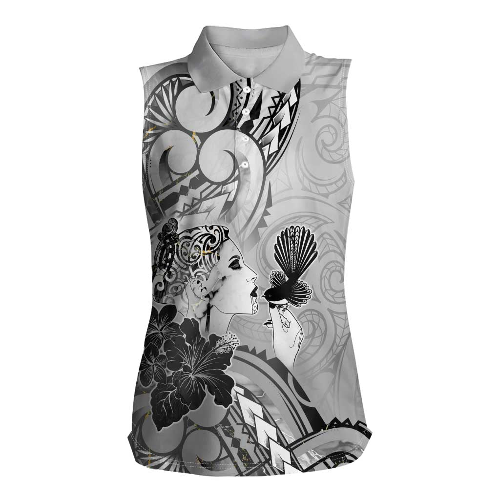 Aotearoa Maori Wahine Women Sleeveless Polo Shirt Fantail Bird Black Gold Marble LT05 Female Black - Polynesian Pride