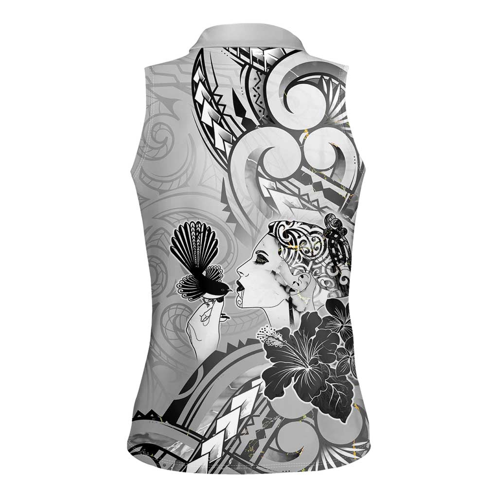Aotearoa Maori Wahine Women Sleeveless Polo Shirt Fantail Bird Black Gold Marble LT05 - Polynesian Pride