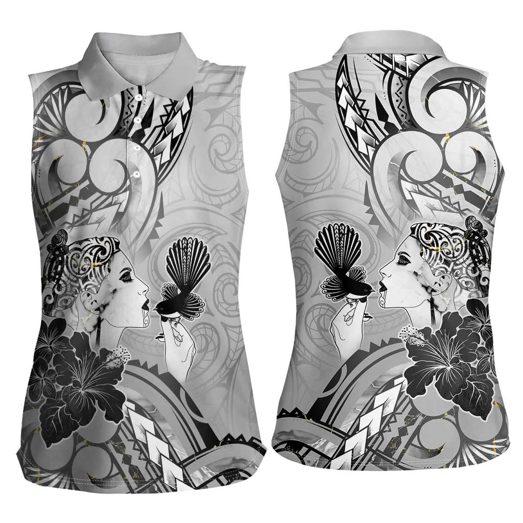 Aotearoa Maori Wahine Women Sleeveless Polo Shirt Fantail Bird Black Gold Marble LT05 - Polynesian Pride